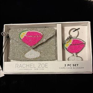 Rachel Zoe Silver Beaded Card Case and Pink Charm Set